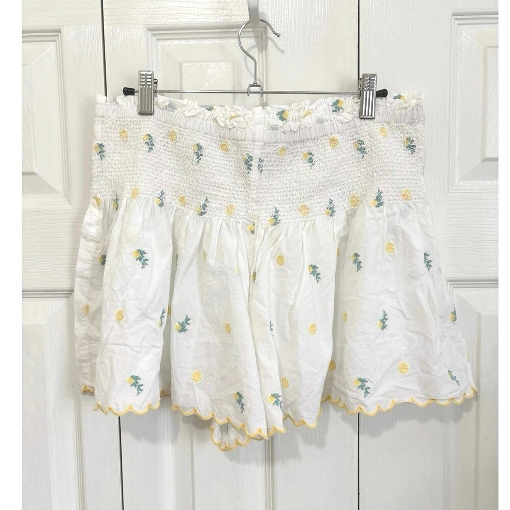 Joie Smocked Scalloped Lemon Floral Print White Gauzy Cotton Shorts Size Small